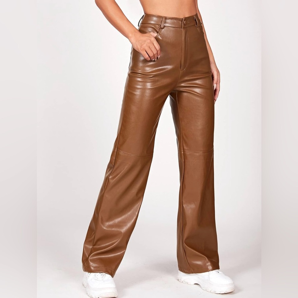 SHEIN PETITE Solid PU Leather Straight Leg Pants Brown